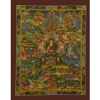 Buddha Life Story Thangka painting for ambiance of balance and enlightenment.