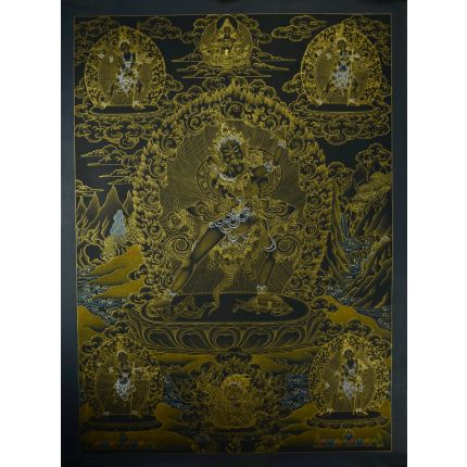 32.5"X24.5" Black and Gold Kalachakra with Consort Thankga Painting