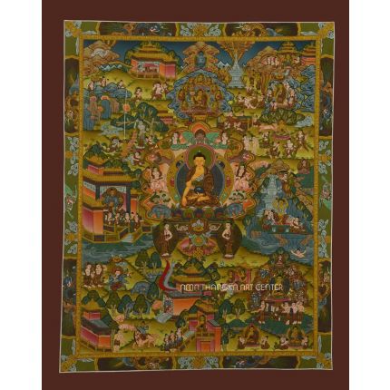 Buddha Life Story Thangka painting for ambiance of balance and enlightenment.