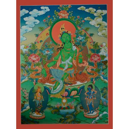 32.25"X24.5" Green Tara Thangka Painting