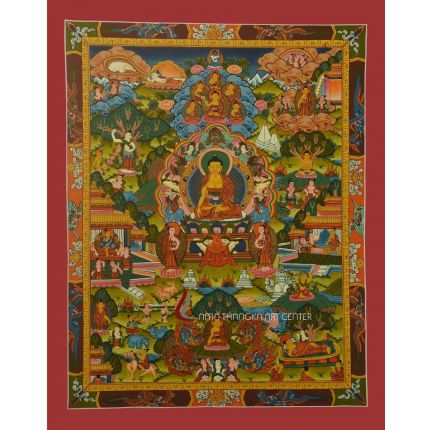 Life story of Buddha. This Buddha life story thangka symbolize the ancient art form of Tibetan Scroll Painting.