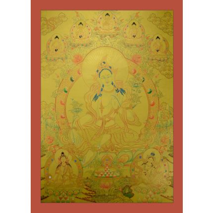 Tibetan Gold Green Tara Thangka Painting -32.5"x23.75"