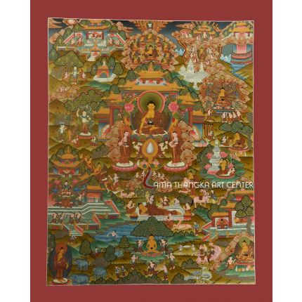 Life story Buddha Thanka hand painted depicts the life of Siddhartha Buddha.