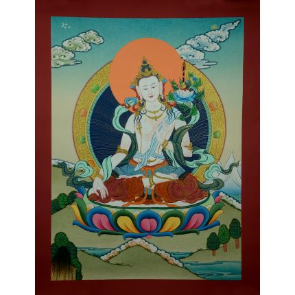 17"x13.25" White Manjushri  Thangka Painting